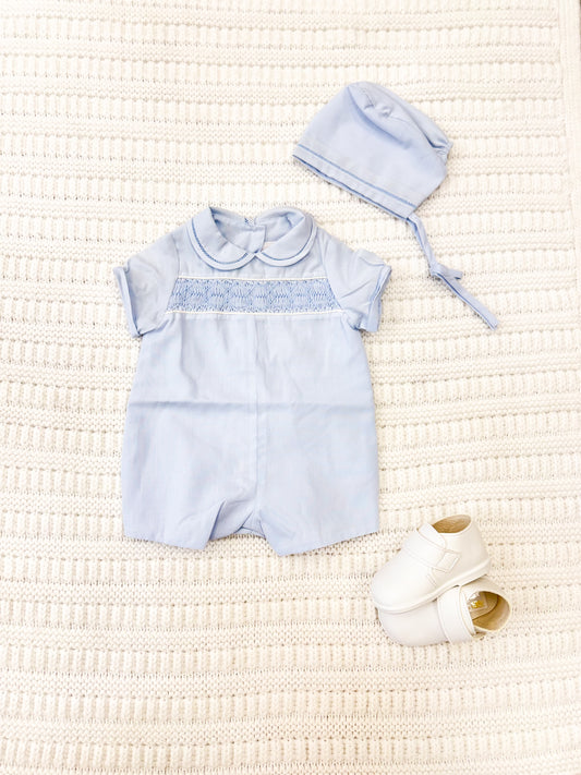 Infant Boy Light Blue Smocked Bubble Romper with Bonnet