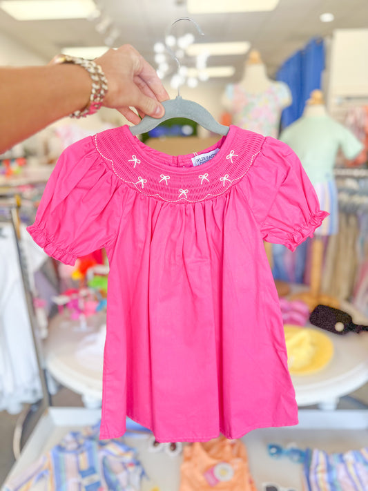 Toddler Girls Bow Embroidered Smocked Dress