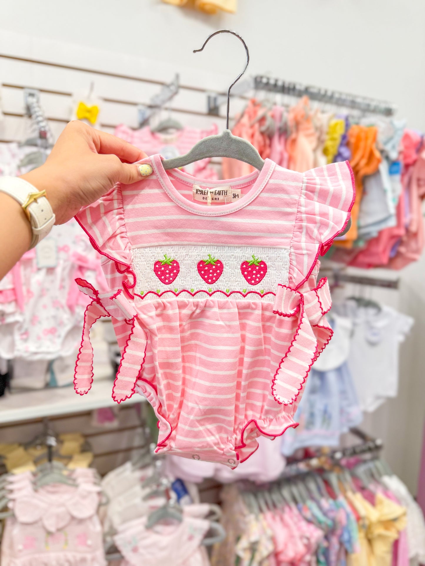 Infant Girl Strawberry Embroidered Pink Smocked Romper