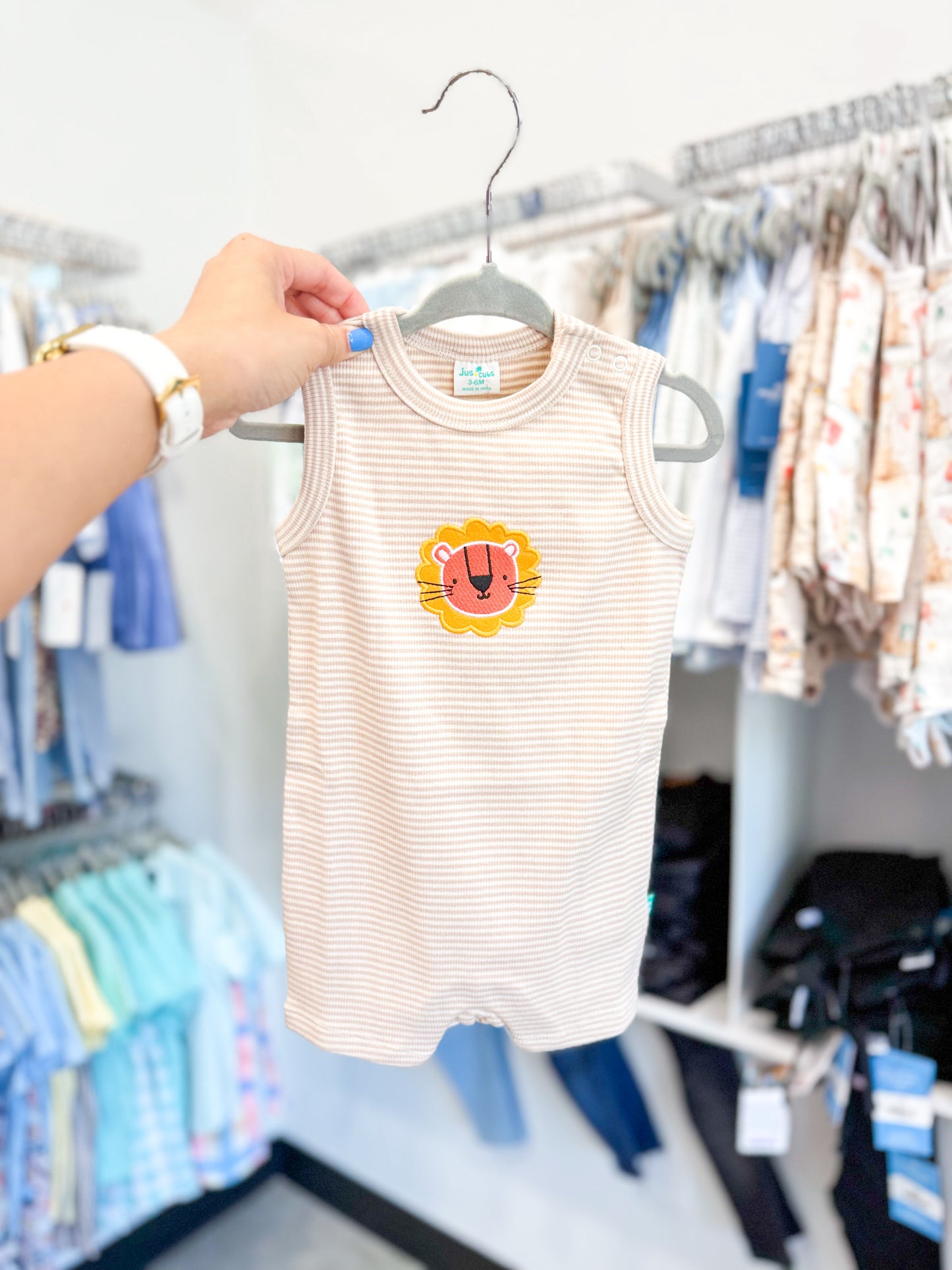Infant Boy Sleeveless Striped Lion Romper