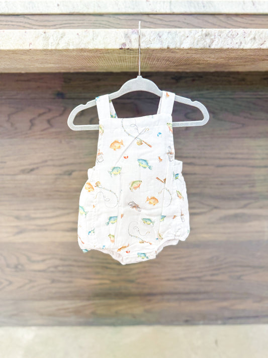 Infant Boy Organic Muslin Bubble Shortall - Fish