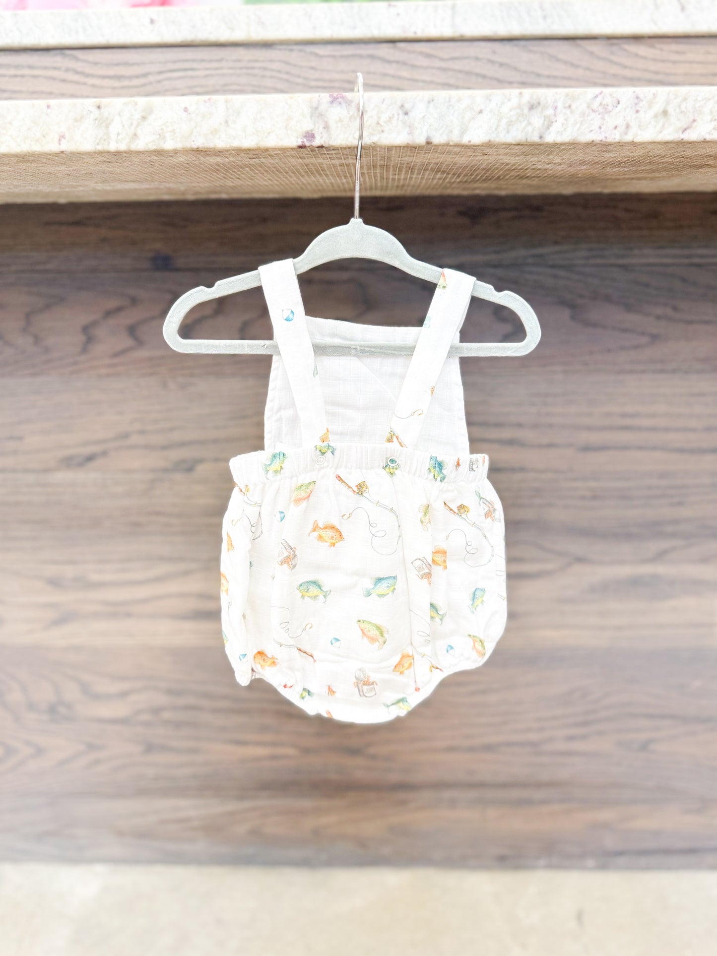 Infant Boy Organic Muslin Bubble Shortall - Fish