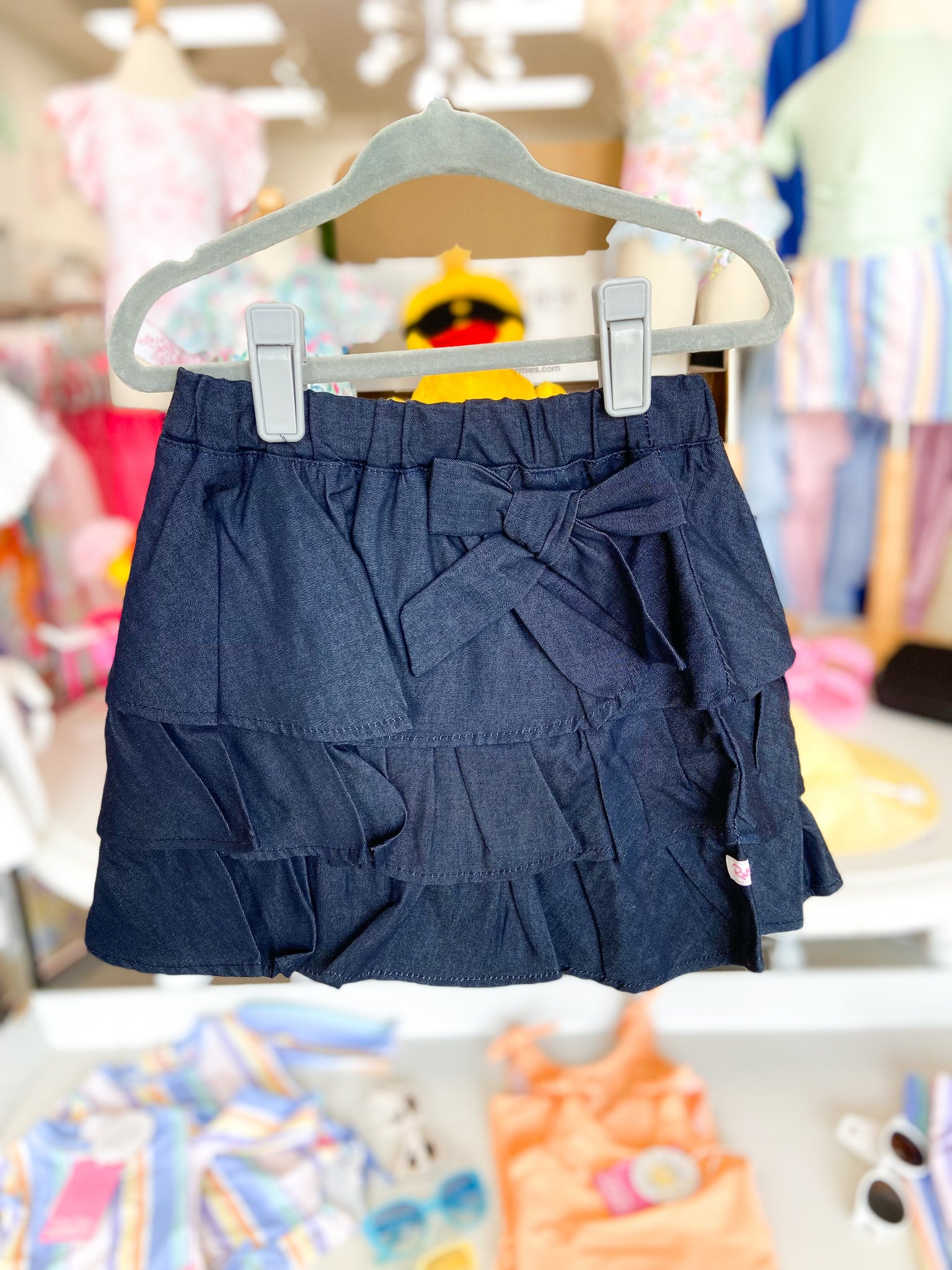 Ruffle Butts Girls Dark Wash Ruffled Denim Bow Skirt