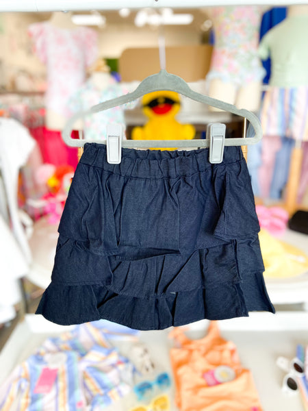 Ruffle Butts Girls Dark Wash Ruffled Denim Bow Skirt