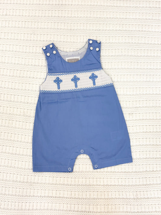 Infant Boy Blue Crosses Smocked Shortall
