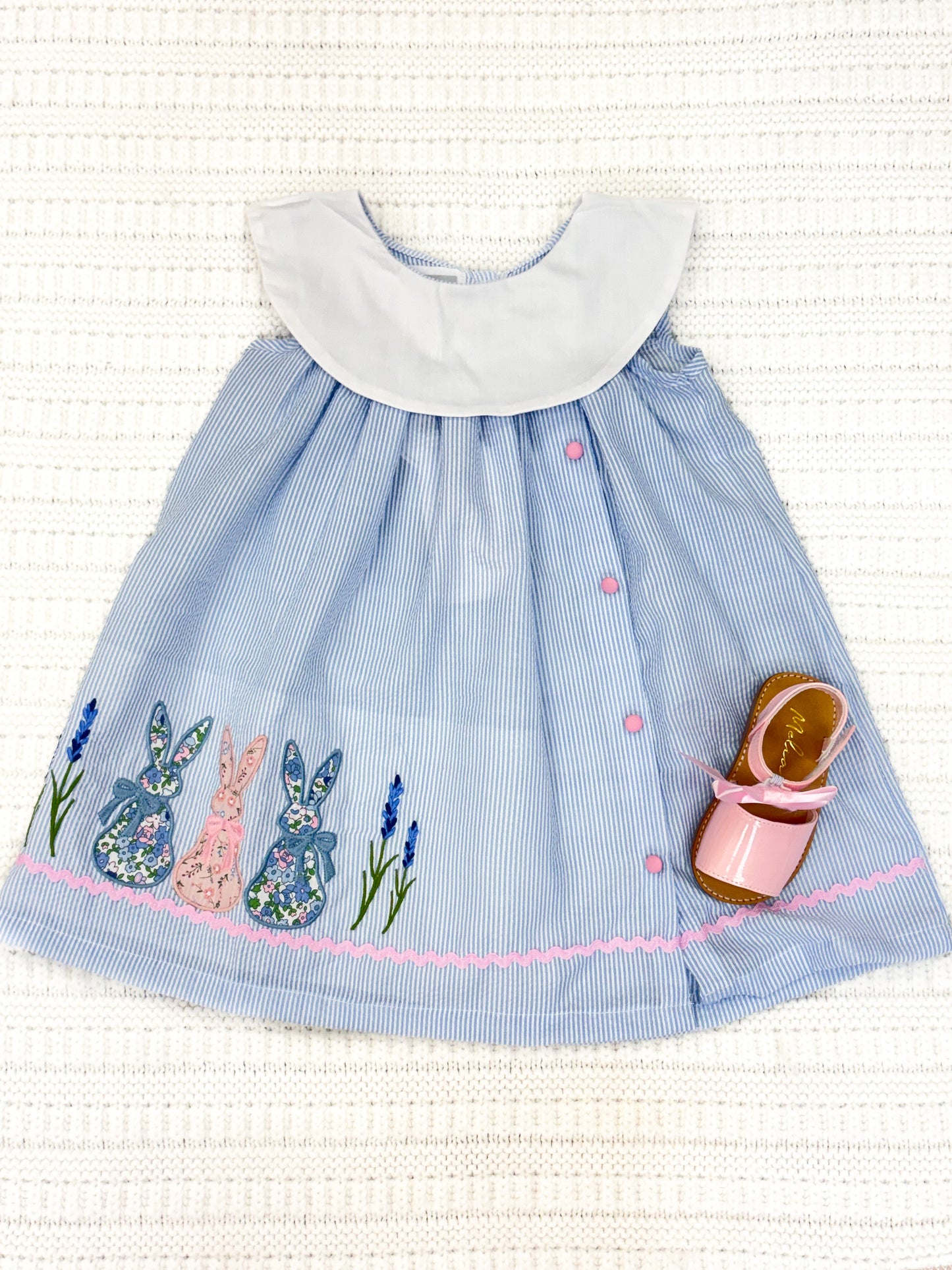 Baby Girls Blue Bunnies Seersucker Yoke Dress