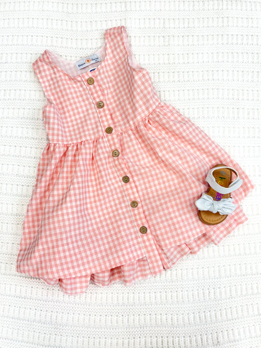 Girls Pink & White Gingham Pocket Ruffle Dress
