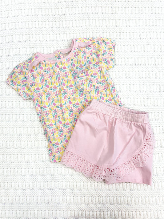 Baby Girl Floral Puff Sleeve Top And Eyelet Ruffle Skort Set