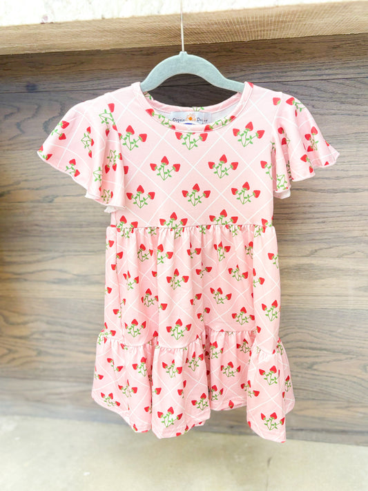 Girls Pink Strawberry Flutter Sleeve Twirl Dress