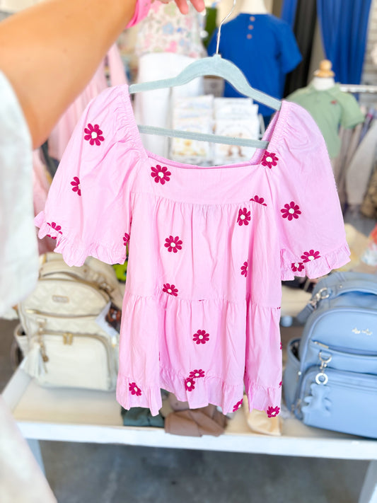 Youth Girls Daisy Embroidered Square Neck Top