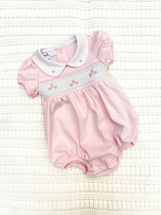 Infant Girl Pink Smocked Short Sleeve Bubble Romper