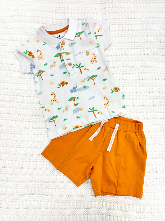 Baby Boy Safari Print Polo And Shorts Set - Mustard
