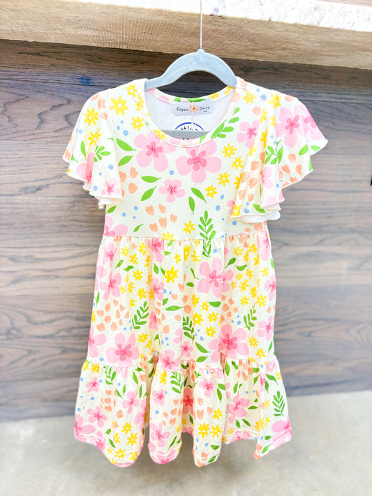 Girls Dainty Spring Floral Flutter Sleeve Twirl Dress