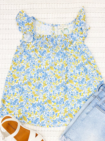 Youth Girls Floral Flutter Sleeve Smocked Top