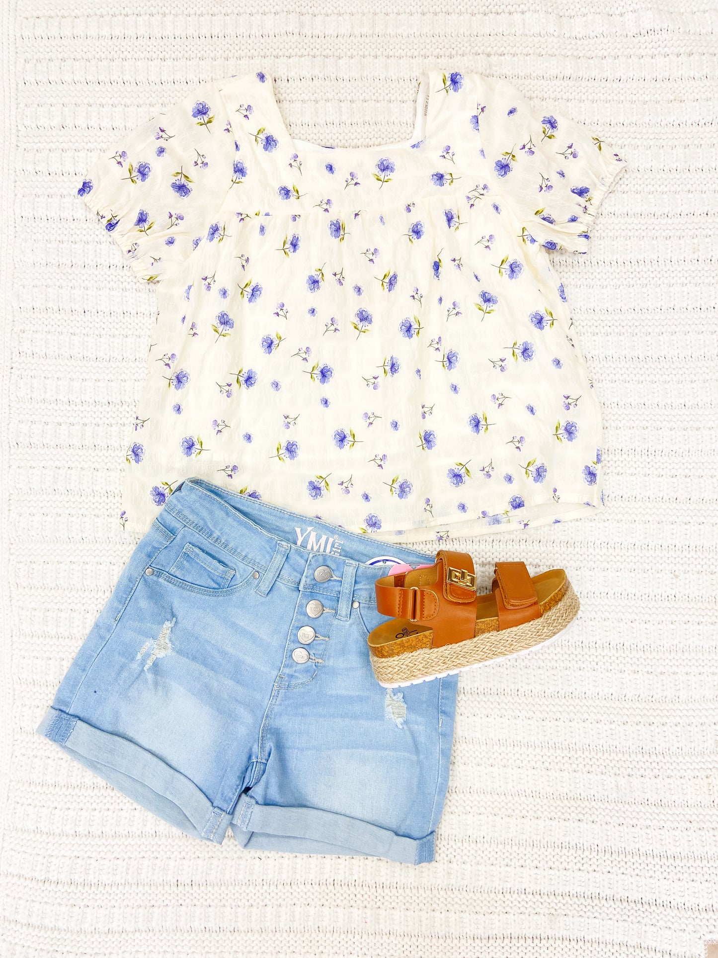 Youth Girls Textured Floral Square Neck Top