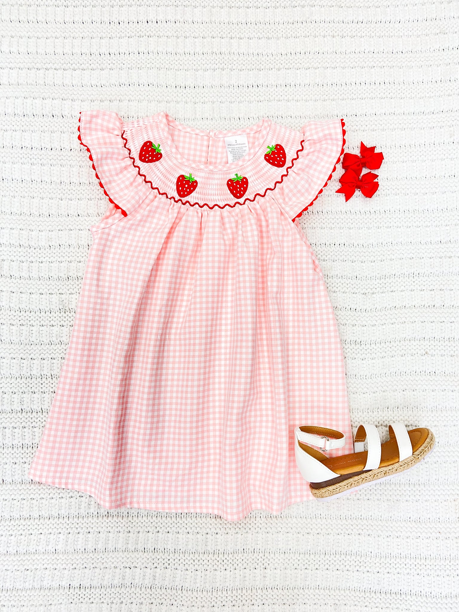 Toddler Girls Strawberry Embroidered Plaid Smocked Dress