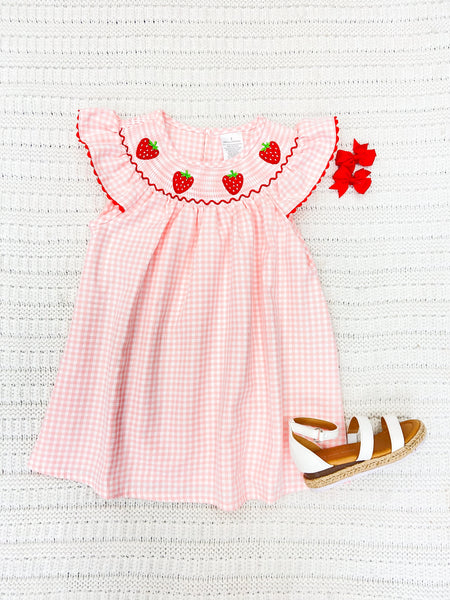 Toddler Girls Strawberry Embroidered Plaid Smocked Dress