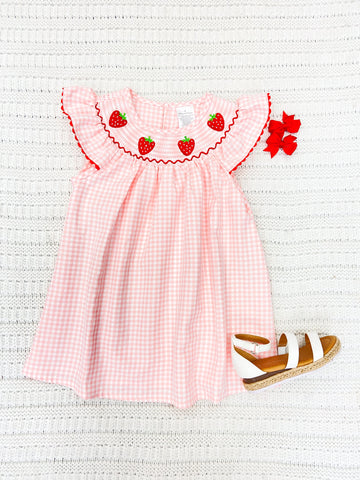 Toddler Girls Strawberry Embroidered Plaid Smocked Dress