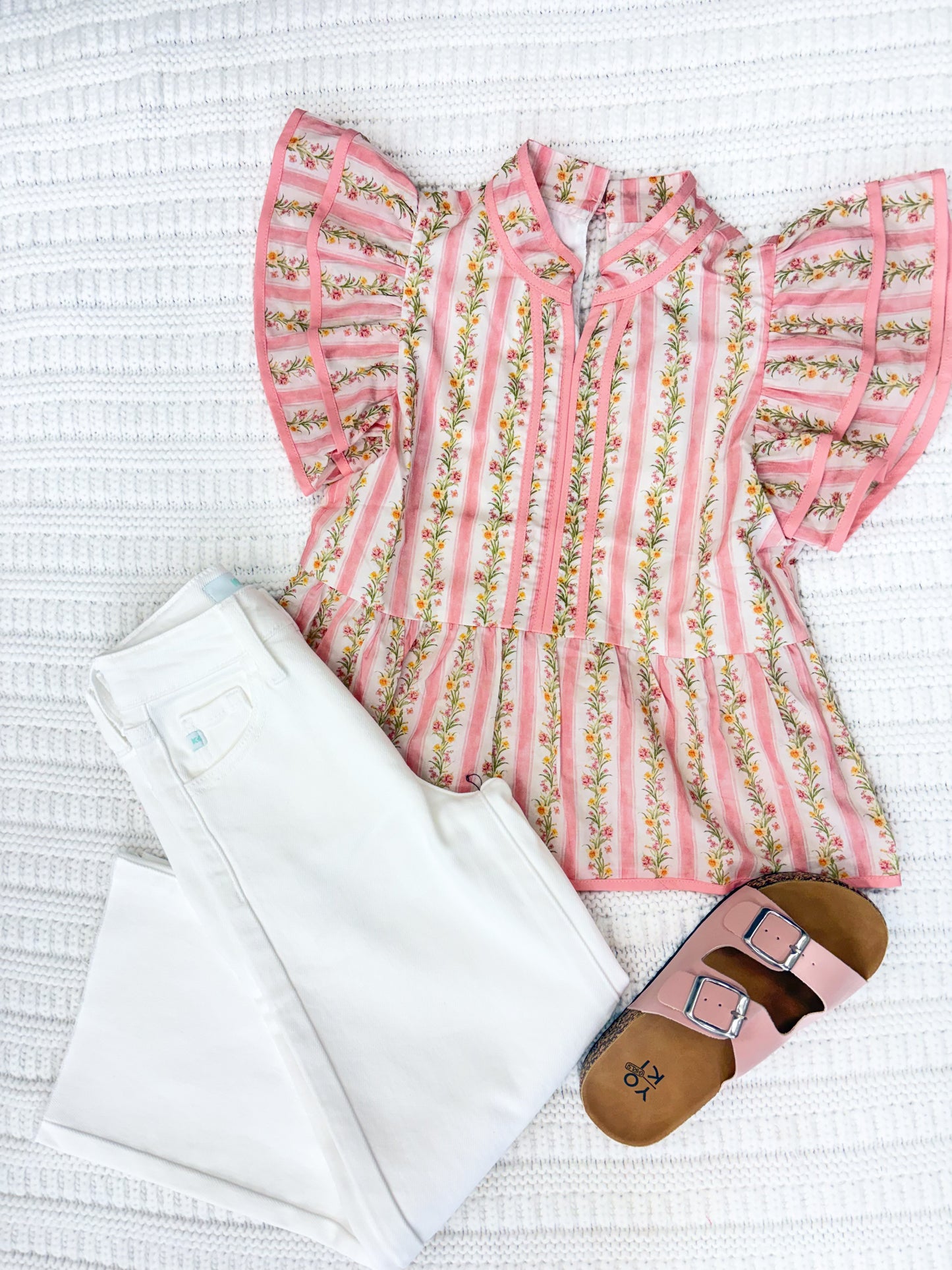 Youth Girls Floral Striped Ruffle Shoulder Top