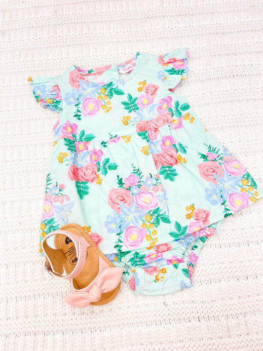 Ruffle Butts Floral Flutter Sleeve Skirted Romper