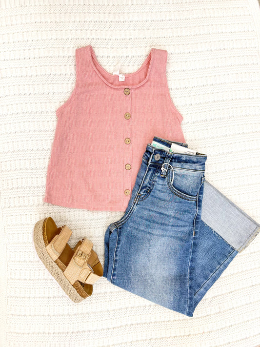 Youth Girls Patterned Button Detail Knit Tank