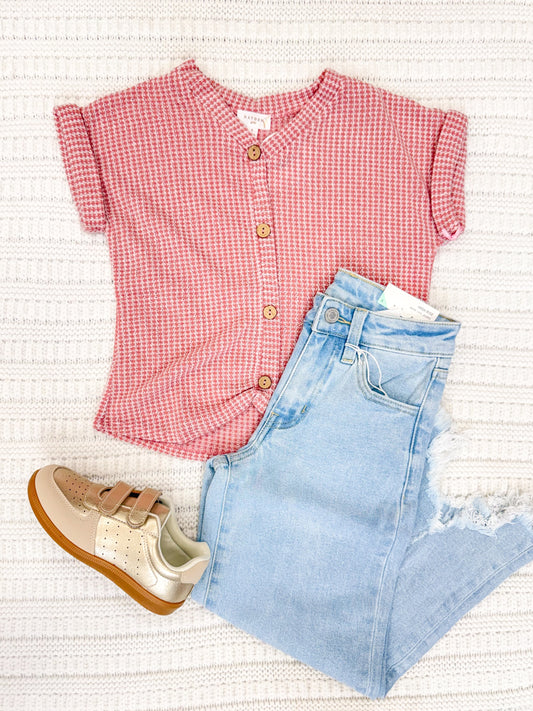 Youth Girls Textured Knit Buttoned Twist Front Top