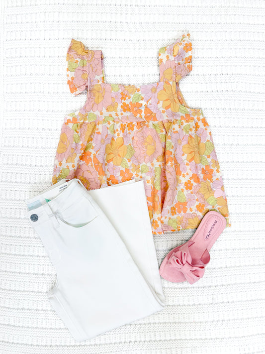 Youth Girls Textured Floral Button Back Ruffle Tank