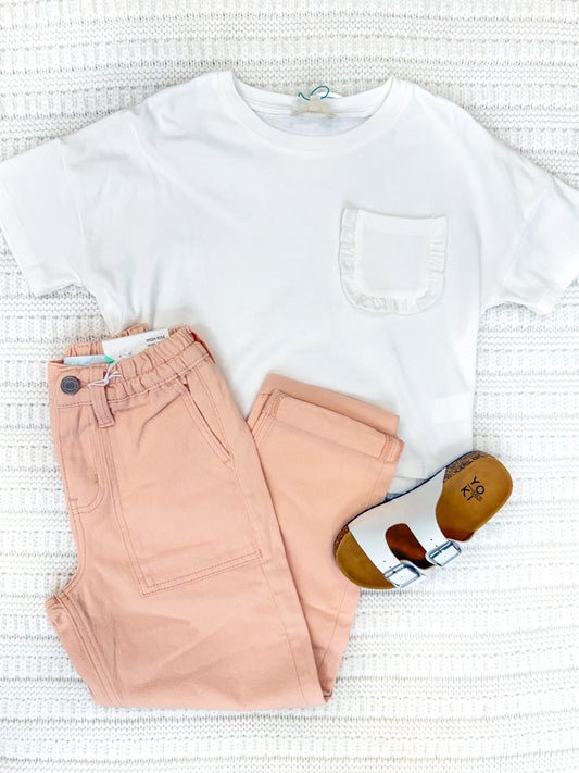 Youth Girls Ruffle Pocket Knit Shirt Sleeve Tee