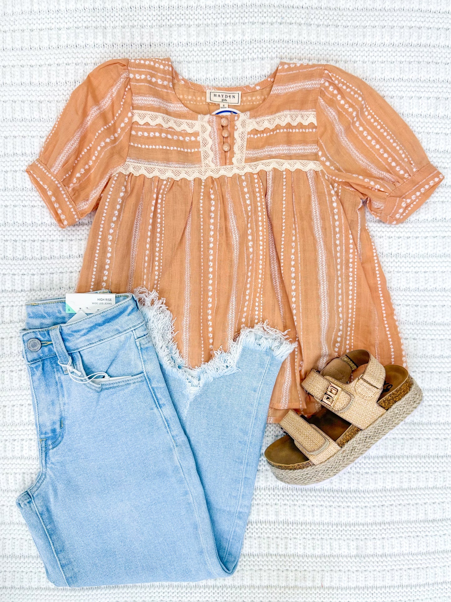 Youth Girls Lace Trimmed Button Detailed Textured Top