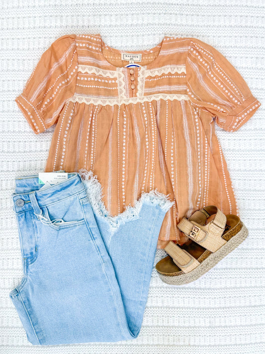 Youth Girls Lace Trimmed Button Detailed Textured Top