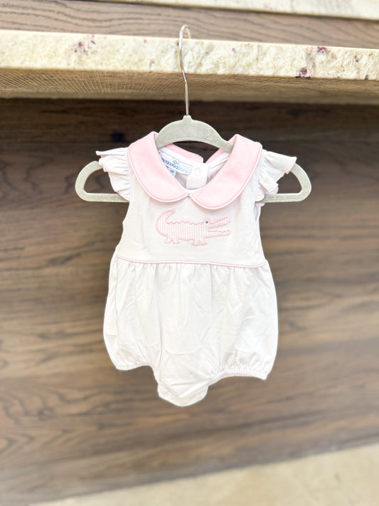 Infant Girl Gator Applique Collared Bubble Romper - Pink