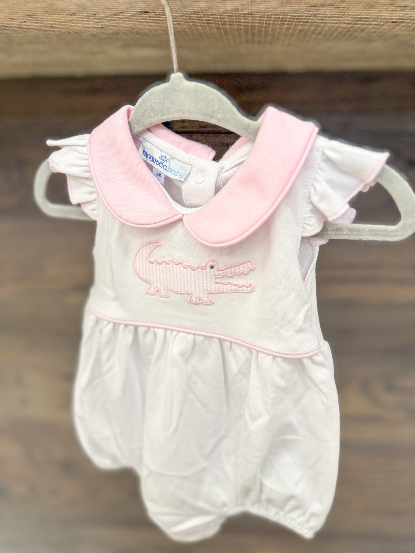 Infant Girl Gator Applique Collared Bubble Romper - Pink