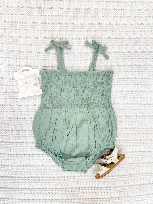 Infant Girl Sleeveless Sage Bubble Romper With Tie Shoulder Detail