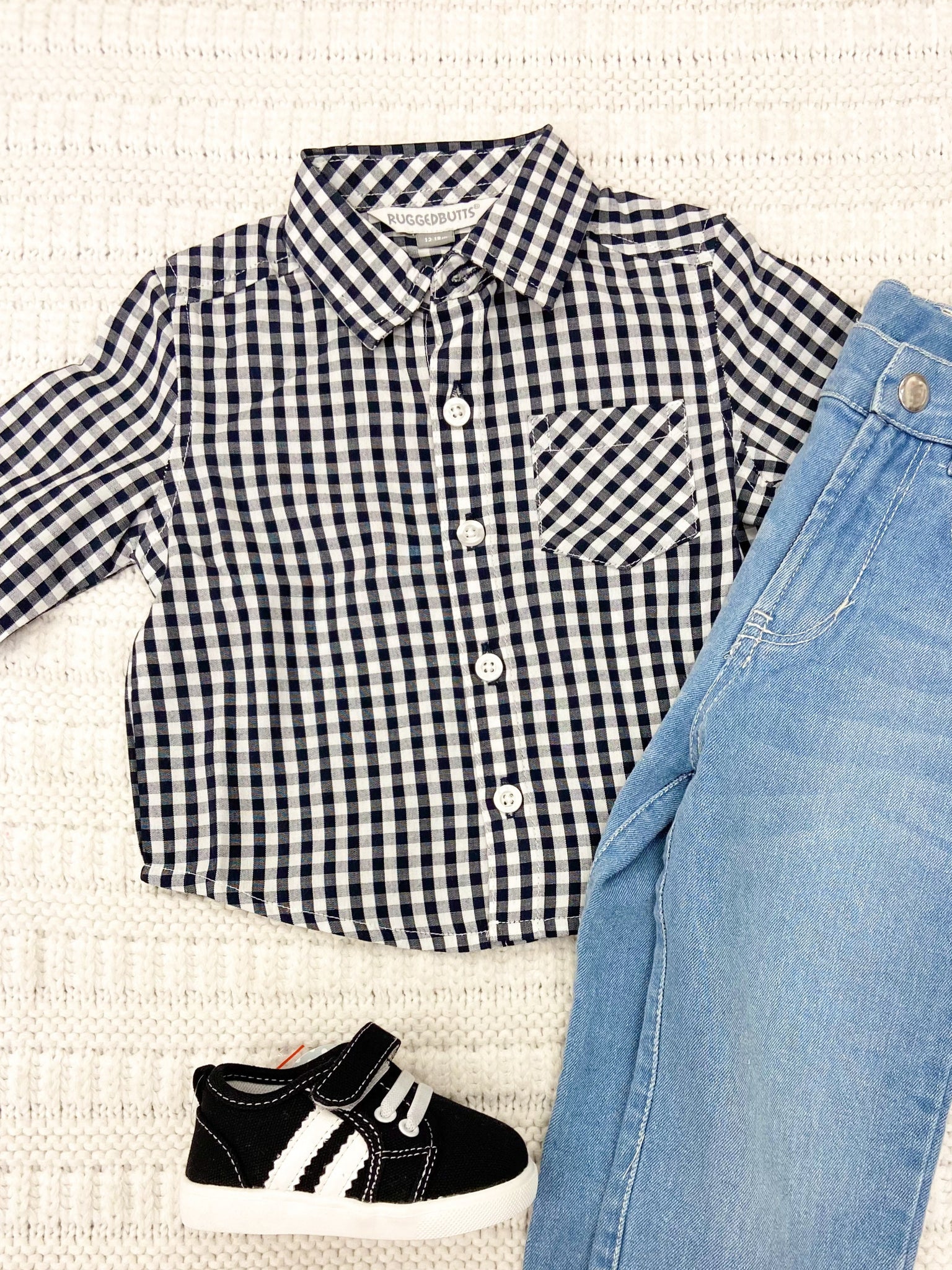 Boys Dark Navy Gingham Long Sleeve Button Down Shirt