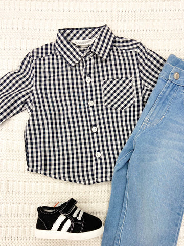 Boys Dark Navy Gingham Long Sleeve Button Down Shirt
