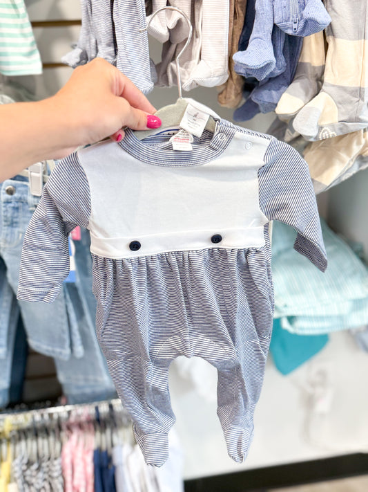 Infant Boys Navy Stripe Bib Front Footie and Hat