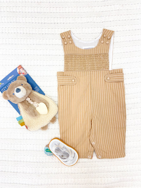 Light Brown Pinstripe Smocked Overalls