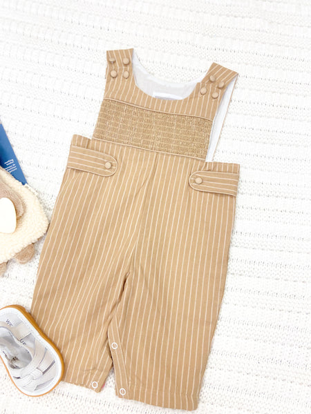 Light Brown Pinstripe Smocked Overalls