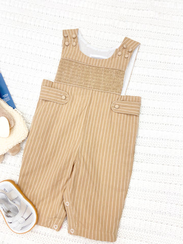 Light Brown Pinstripe Smocked Overalls