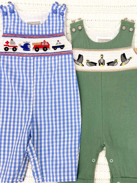 Blue Gingham Emergency Vehicles Smocked Overalls