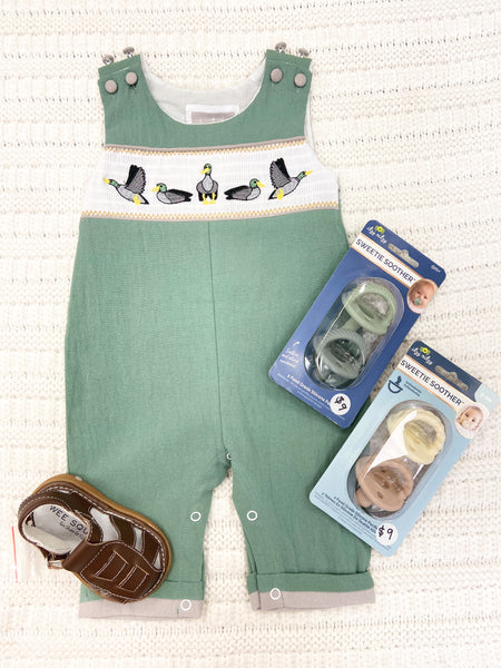 Sage Green Mallard Smocked Overalls