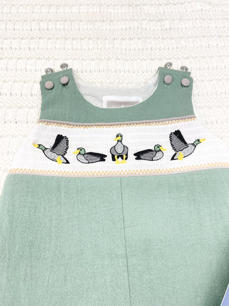 Sage Green Mallard Smocked Overalls