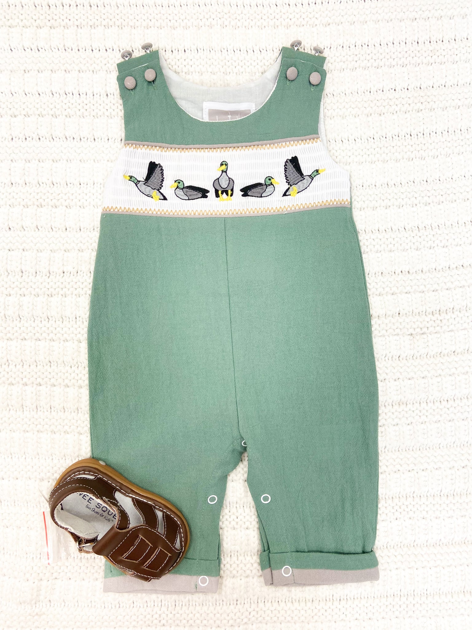 Sage Green Mallard Smocked Overalls