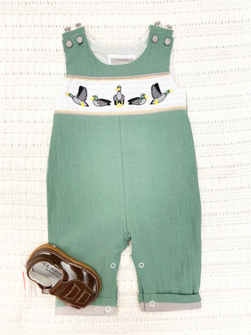 Sage Green Mallard Smocked Overalls