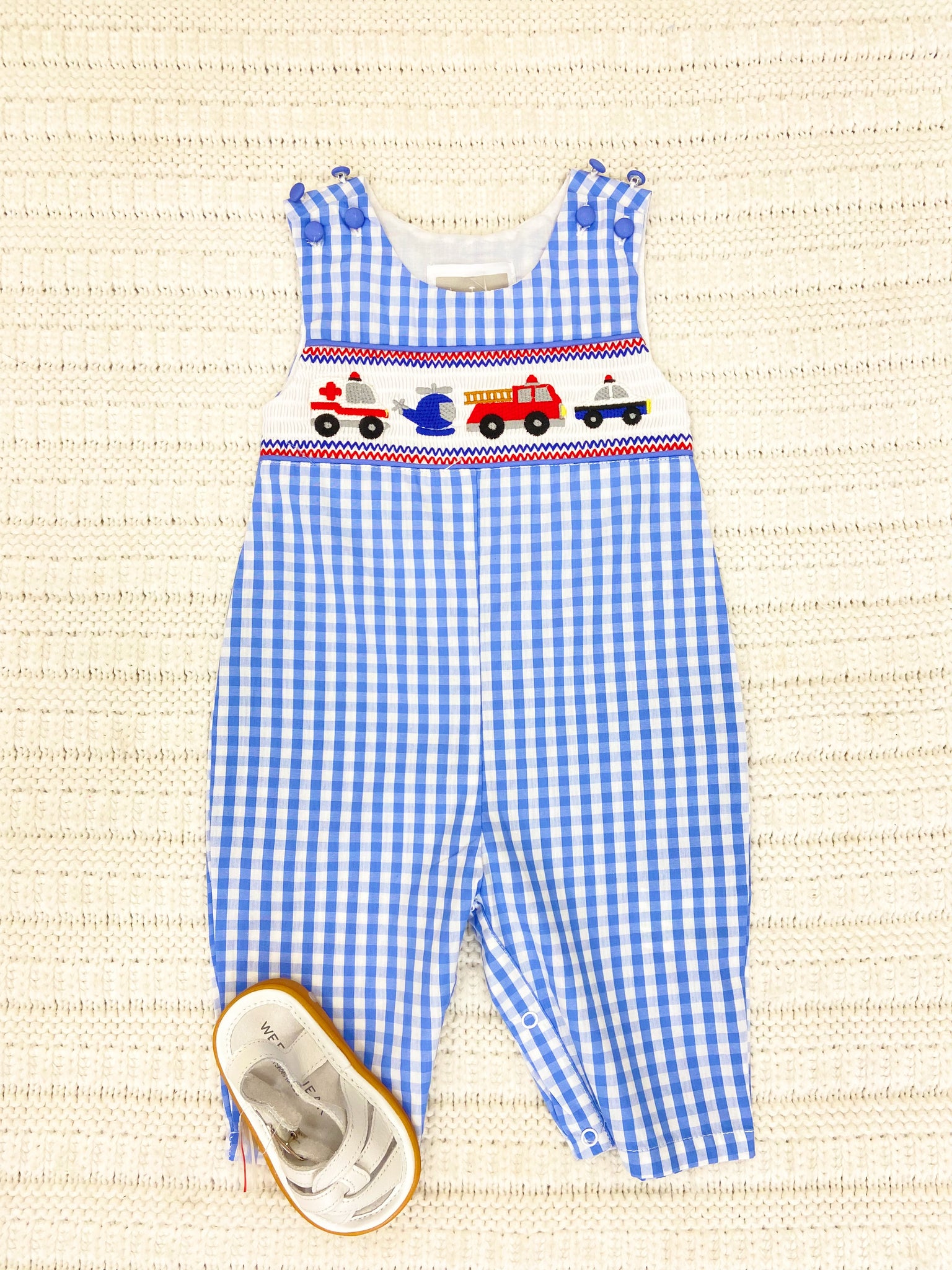 Blue Gingham Emergency Vehicles Smocked Overalls