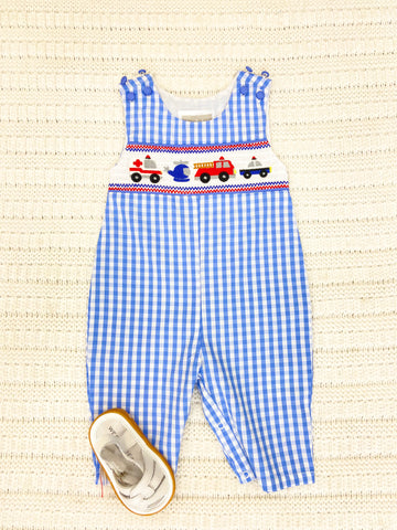 Blue Gingham Emergency Vehicles Smocked Overalls
