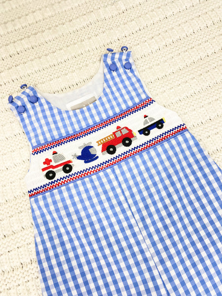 Blue Gingham Emergency Vehicles Smocked Overalls