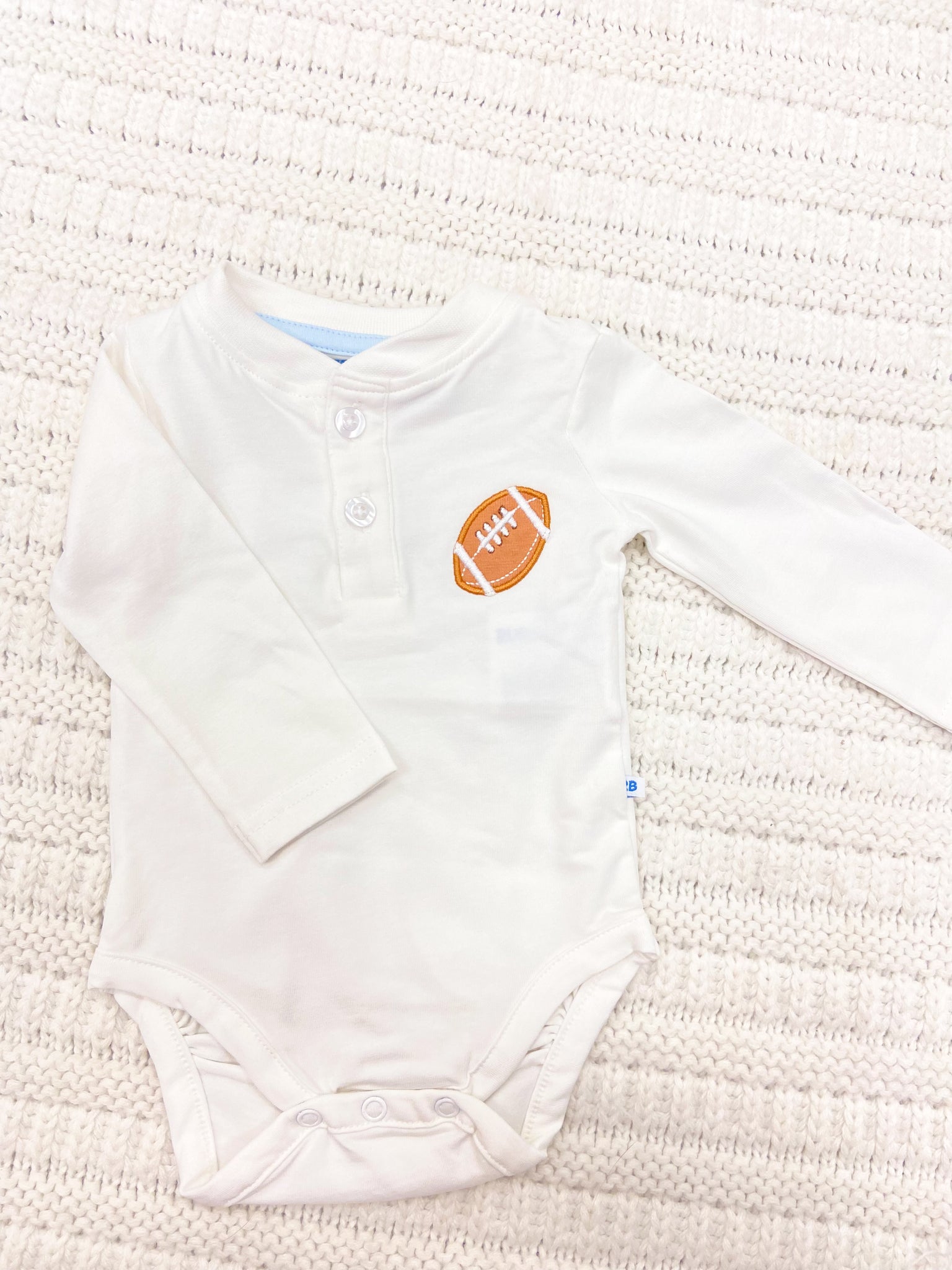 Baby Boys Football White Knit Long Sleeve Embroidered Henley Bodysuit