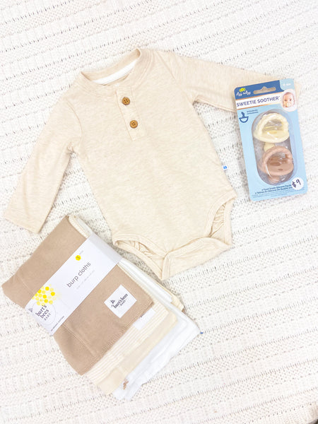 Baby Boys Heather Oatmeal Knit Long Sleeve 2-Button Henley Bodysuit