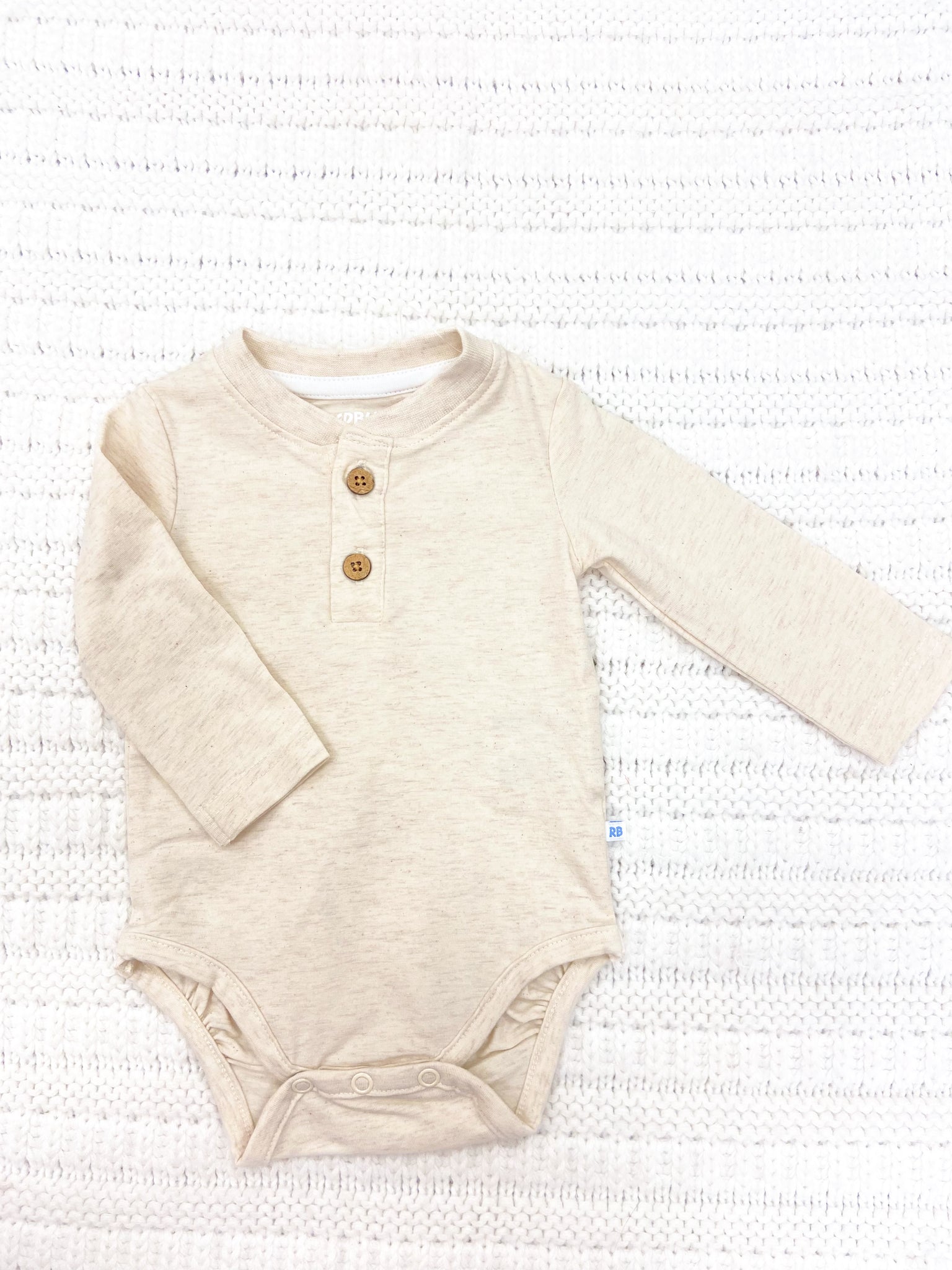Baby Boys Heather Oatmeal Knit Long Sleeve 2-Button Henley Bodysuit